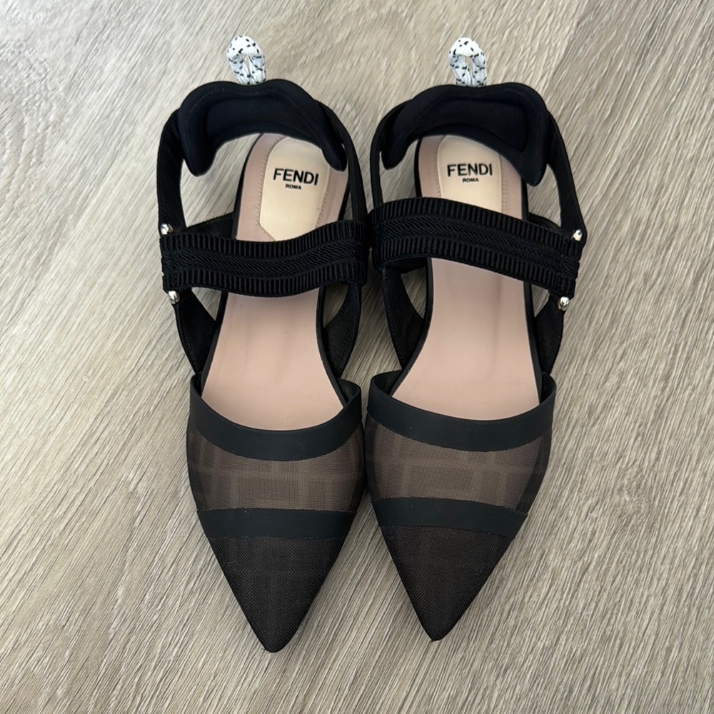 Fendi colibri- Black Mesh Pointed Toe Flats with Straps